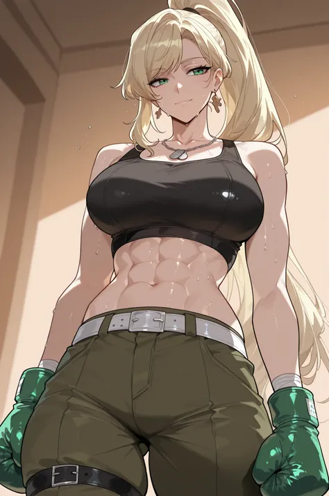 lazypos,
Tes, 1 girl ,solo, blonde hair, long hair, high ponytail, side swept bangs, green eyes, muscular, abs, earrings,
black crop top, green cargo pants, white belt, thigh straps, boxing gloves, dog tag necklace, military badge, black cord necklace, s...