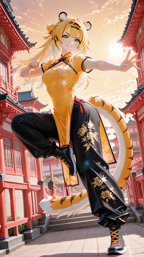 lens flare,lensflare-style,(masterpiece, best quality), ethereal atmosphere, golden hour, JuFufu
1girl, green eyes, tiger tail, tiger ears, blonde hair, bangs, long hair, multicolored hair, alternate costume, china dress, v-shaped eyebrows, smile, dynamic ...