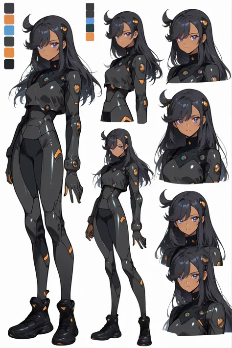 zaemma, aged up, blue eyes, black hair, long hair, swept bangs, dark-skinned female, [[[cowlick, hair ornament]]], two-tone gloves, black gloves, orange gloves, bodysuit under clothes, black bodysuit, turtleneck, shoes, black footwear,CharacterDesignIllust...