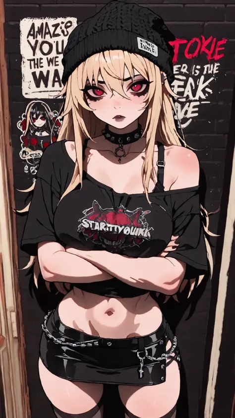 1girl, standing in the teacher's house、black knit hat、blonde、Red colored eyes、Goth Makeup、oversized black half t-shirt、navel、bra shoulder straps、black miniskirt、Black Stockings、zettairyouiki, arms crossed under chest。Black Wall、artistic punk illustration g...