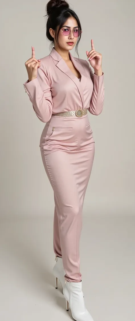 hyper HD, Masterpiece, Textured skin, 4K, Best quality , this picture of a "fashion breaker" beautiful woman with big breasts and tall body from Java with white skin wearing traditional Javanese clothes ( kebaya ) with her hair in a bun wearing sunglasses ...