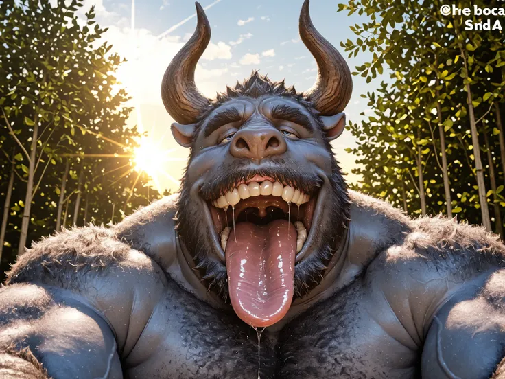 hairy, Gorilla pig, has horns，chubby,  thick arms ， strong muscles ，chubby face， Black eyebrows，sky blue eyes，beard， ironic smile ,    chest and belly   ,  ，lie down， Sunlight ,    he opens his big mouth and Stick out his thick and wide tongue,  tongue wit...