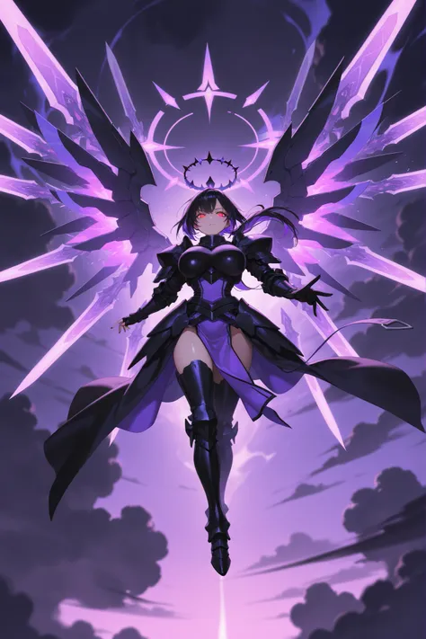 (very detailed:1.2, Masterpiece:1.2, PREMIUM QUALITY:1.2, high resolution on the coast:1.2), 1girl, two-tone hair, purple hair, black hair, multicolored hair, ponytail, red eyes, {sharp eyelashes}, bright eyes, black nail, huge breasts, shiny skin, wing, b...