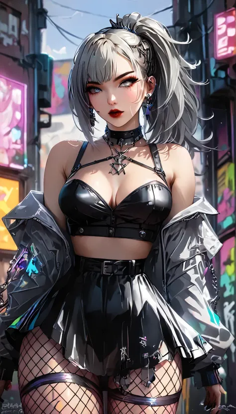 graffiti punk, (masterpiece, Highest Quality, beautiful details after the first:1.3), womanhood, solo, silver hair, cleavage, glamorous figure, fishnet tights, Act of Seduction,