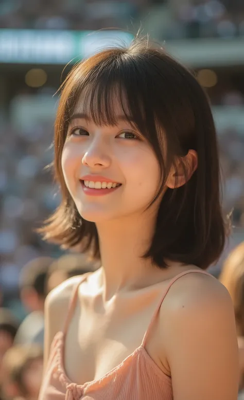 great portfolio, Breast Opener, ultra detailed, images, photoimages, movie light, premium close-up portraits, Spectacular audience in thin summer dresses, Radiant, basketball game atmosphere in background blur, sharp focus on facial features, natural stadi...