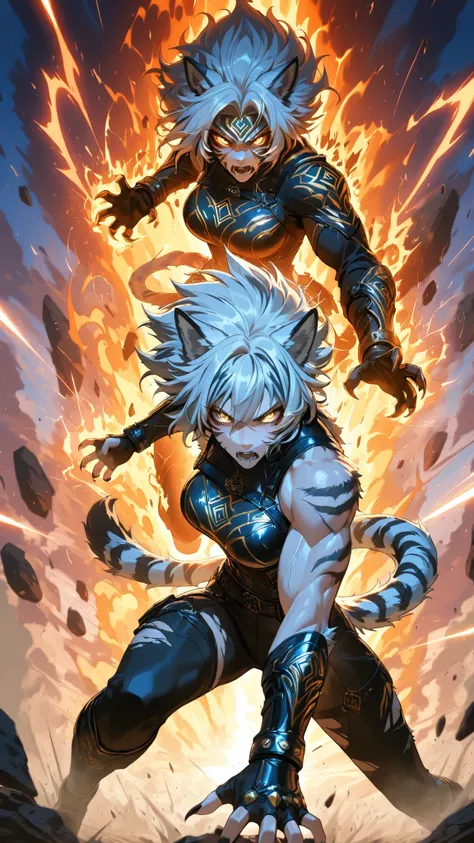 (masterpiece, best quality, highres, anime style, dynamic action scene, cinematic lighting, intense battle), two beautiful beastwoman warriors,  fighting fiercely in a dusty wilderness at sunset, tiger woman, wolf woman, both mid-motion, hair and tails fly...