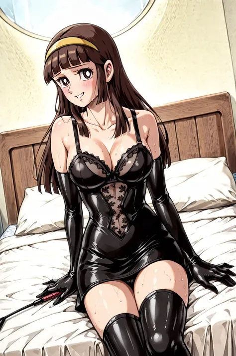 (((sitting cross-legged)))、(((looking at viewer)))、He holds a riding crop in his right hand:1.3、holding riding crop:1.4、Queen、((( 1 woman)))、(((solo:1.8)))、(((Black Latex Elbow Gloves:1.4)))、(((black latex corset dress:1.4)))、(((corset dress is adorned wit...