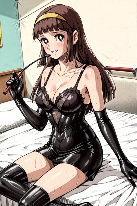(((sitting cross-legged)))、(((looking at viewer)))、He holds a riding crop in his right hand:1.3、holding riding crop:1.4、Queen、((( 1 woman)))、(((solo:1.8)))、(((Black Latex Elbow Gloves:1.4)))、(((black latex corset dress:1.4)))、(((corset dress is adorned wit...