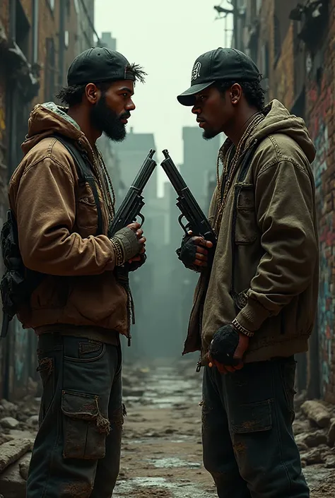 2 black hip-hop type looking dudes with guns talking