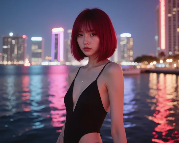 high quality, realistic photography, Great details , A breathtaking realistic fashion photo of an elegant modern girl, standing confidently against the background of a neon-lit cityscape Miami City, яркая Composition , capturing the perfect contrast betw...