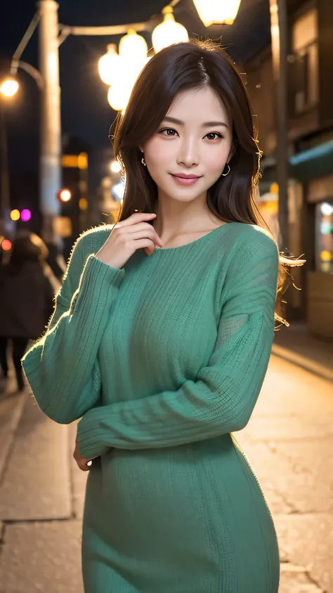 ((Best Quality)), ((8k)), ((masterpiece: 1.3)), (Perfect Look), (Photorealism: 1.6), (JMA), (Ain), (Japanese mature women), ( wearing a colored knit dress),1 mature woman,wife,Night Street Lights ,Best Quality,masterpiece,extremely delicate and beautiful,C...