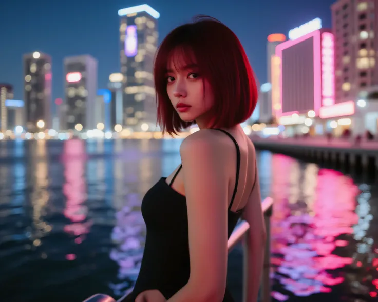 high quality, realistic photography, Great details , A breathtaking realistic fashion photo of an elegant modern girl, standing confidently against the background of a neon-lit cityscape Miami City, яркая Composition , capturing the perfect contrast betw...