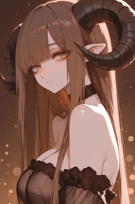 1girl, horns, solo, long hair, pointy ears, looking at viewer, brown hair, bare shoulders, , upper body, sheep horns, , light brown eyes, dress, choker, curled horns, straight hair, breasts,, detached sleeves, , brown dress, nose, from side, , , brown hair...