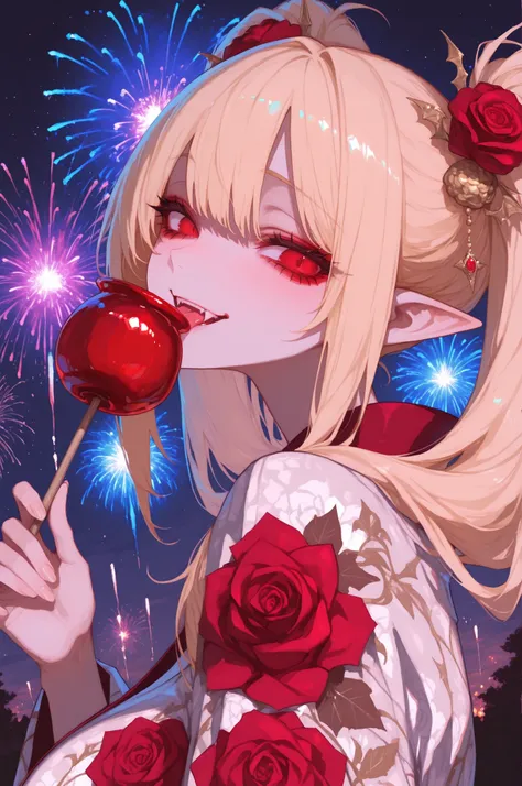 1girl, close-up, upper body, beautiful woman, vampire, colorful rose yukata, looking back over her shoulder, cool and mysterious expression, pointed ears, beautiful hair ornaments, blonde twintails, red eyes, vampire fangs, holding a glossy red candy apple...