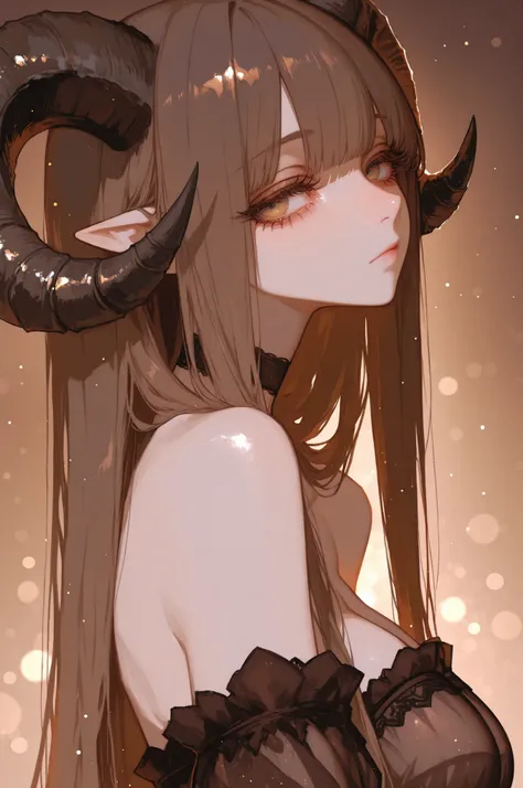 1girl, horns, solo, long hair, pointy ears, looking at viewer, brown hair, bare shoulders, , upper body, sheep horns, , light brown eyes, dress, choker, curled horns, straight hair, breasts,, detached sleeves, , brown dress, nose, from side, , , brown hair...