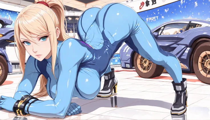 smus, long hair, ponytail, bangs, turtleneck, zero suit, bodysuit, skin tight, gloves, bracelet, ankle boots, (large breasts:1.4), jack-o' challenge