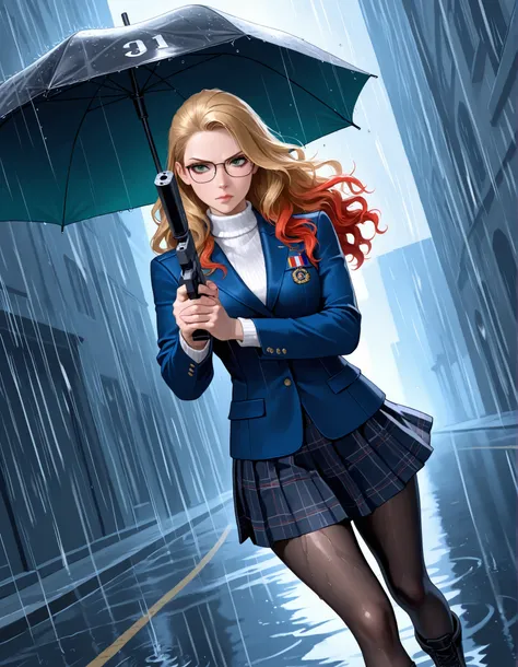 masterpiece, best quality, ultra-detailed, absurdres, highres, cinematic realism, 1female, solo, 29-year-old female, British field agent, serious expression, (red wavy hair in side pigtail:1.2), emerald green eyes, subtle makeup, natural lips, (wearing gla...