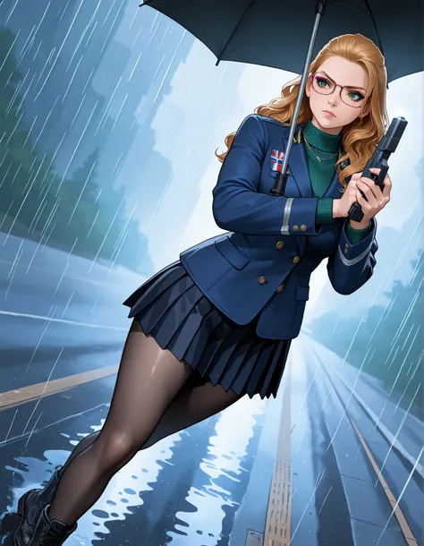 masterpiece, best quality, ultra-detailed, absurdres, highres, cinematic realism, 1female, solo, 29-year-old female, British field agent, serious expression, (red wavy hair in side pigtail:1.2), emerald green eyes, subtle makeup, natural lips, (wearing gla...