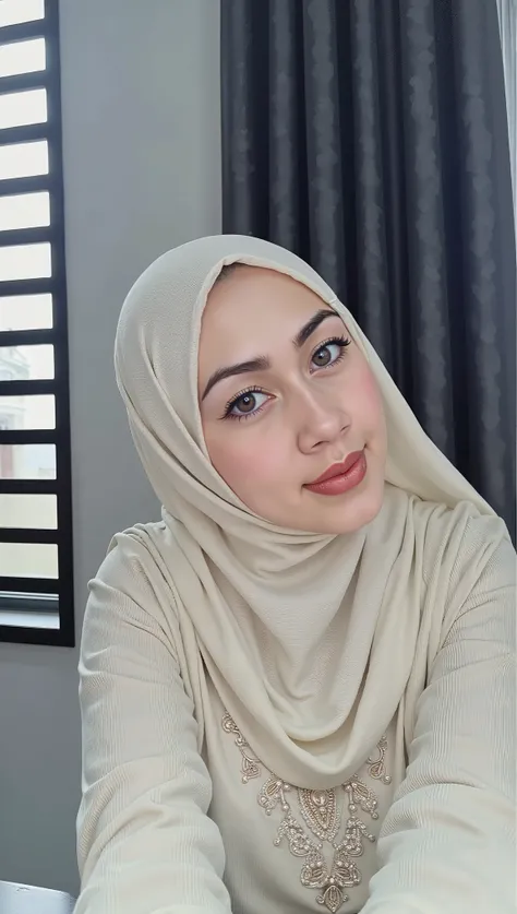 hyper HD, Masterpiece, Textured skin, 4K, Best quality of potrait a Beautiful hijab asian woman white fairy skin wearing dress , close-up half body , perfect hijab, detail veil , hyper realistic scarf and ornate on her side big back head hijab on likely hi...
