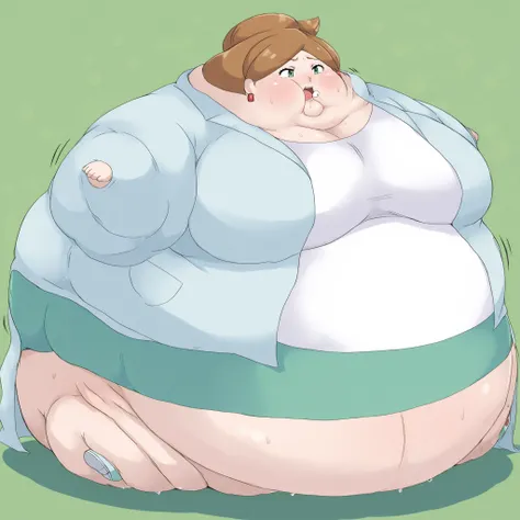 1girl, solo, c-juniper, mature female, green eyes, hair bun, brown hair, lab coat, green skirt, earings, white shirt, long sleeves, ,  fat, chubby, obese, gigantic arms and legs, large breasts, sweating, wet body, swollen face, Fat_neck , Fat head , eyes w...
