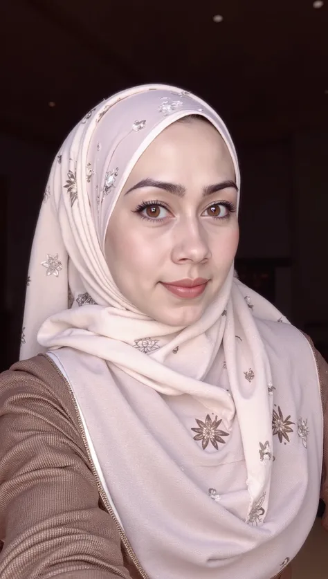 hyper HD, Masterpiece, Textured skin, 4K, Best quality of potrait a Beautiful hijab asian woman white fairy skin wearing dress , close-up half body , perfect hijab, detail veil , hyper realistic scarf and ornate on her side big back head hijab on likely hi...