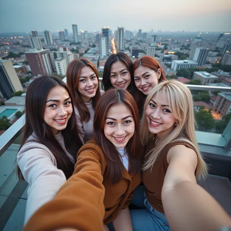 5 woman taking selfie at balcony roof top , background is city vibes