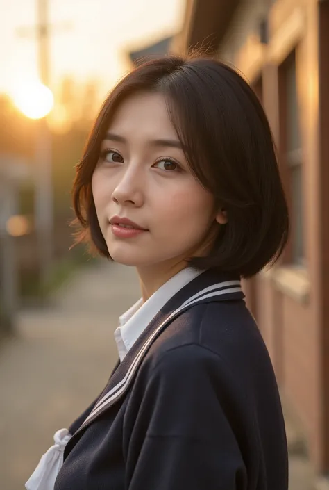 (top quality,8K quality,masterpiece:1.3),(super high resolution on a pile,Photorealistic:1.4,Original photo),(super precise,Caustics,detailed background),(ultra-realistic capture,beautifully detailed skin,perfect anatomia),Sunset,Sunset Sky,schoolhouse,Sch...