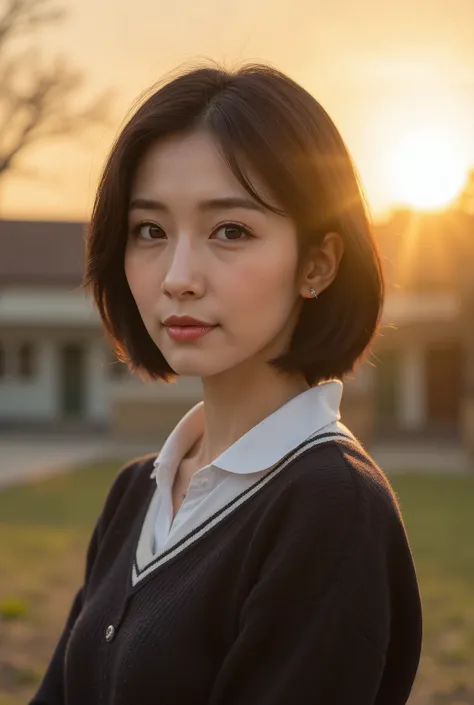 (top quality,8K quality,masterpiece:1.3),(super high resolution on a pile,Photorealistic:1.4,Original photo),(super precise,Caustics,detailed background),(ultra-realistic capture,beautifully detailed skin,perfect anatomia),Sunset,Sunset Sky,schoolhouse,Sch...