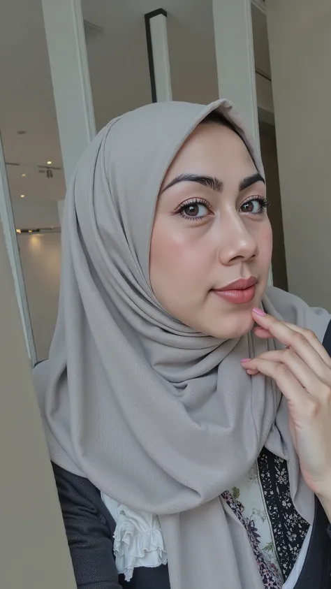 hyper HD, Masterpiece, Textured skin, 4K, Best quality of potrait a Beautiful hijab asian woman white fairy skin wearing dress , close-up half body , perfect hijab, detail veil , hyper realistic scarf and ornate on her side big back head hijab on likely hi...