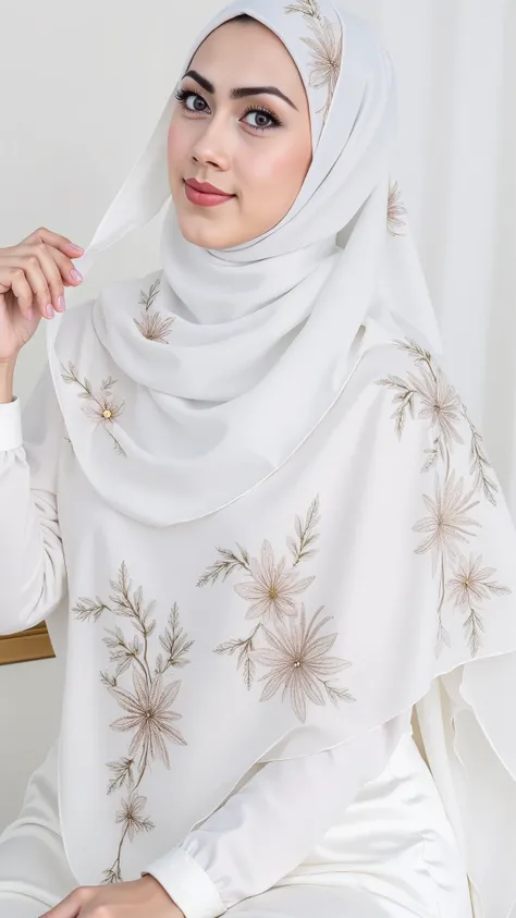 hyper HD, Masterpiece, Textured skin, 4K, Best quality of potrait a Beautiful hijab asian woman white fairy skin wearing dress , close-up half body , perfect hijab, detail veil , hyper realistic scarf and ornate on her side big back head hijab on likely hi...