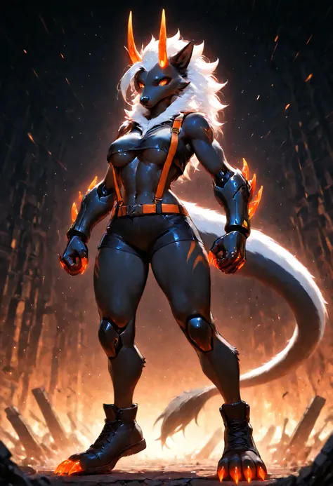sharrax, ((((anthro)))), ((female)), straight glowing horns,red glowing claws, pitch black body fur, luminous white mane, luminous white-black tail,abstract painting, jet black background , 8K resolution, High detail, Realistic fur texture, fighter, standi...