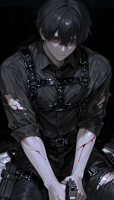Boy with no emotions、black eyes with no light in the eyes、返りBlood、black room、moonlight、harness、Black Clothes、torn clothes、gun、injury、Blood