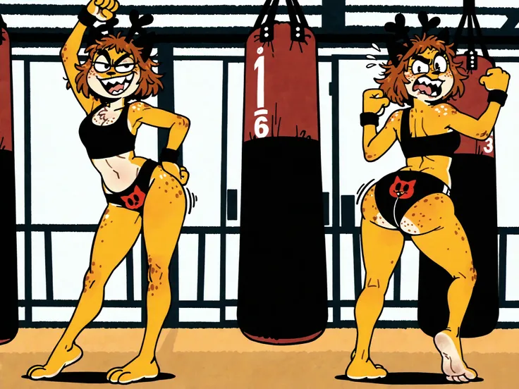 (foot, hips, focus toes), (spiky-length brown-headed), black fuzz, (wavy) short,hair, mouth, ((loose-teeth)) , {(chest cleavage)} rear view, detailed FEMALE,(masterpiece, Highest Quality:1.1),  absurdres, highres, newest, 4k, perfect, detailed eyes:1.2, pe...