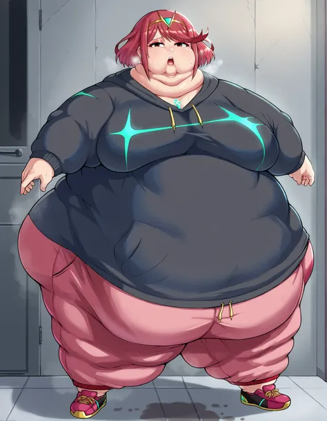 score_9, score_8_up, score_7_up, BREAK, 1girl, solo, pyra \(xenoblade\), xenoblade chronicles \(series\), tiara, solo, red eyes, 1girl, solo, jewelry, makeup, casual, cowboy shot, looking at the viewer, large breasts, hoodie, sweatpants, shoes, sweating pr...