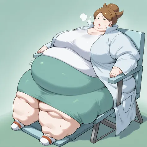 1girl, solo, c-juniper, mature female, green eyes, hair bun, brown hair, lab coat, green skirt, earings, white shirt, long sleeves, fat, chubby, obese,, big breasts open mouth, out of breath, Larger female, full body shot, sitting on chair, reclining back ...