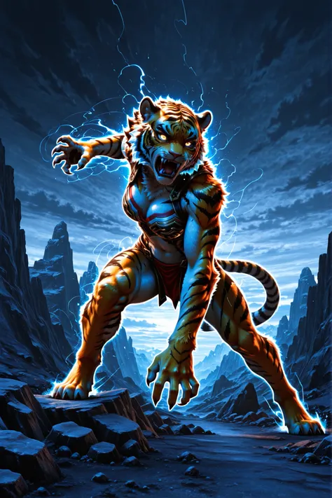 furry, tiger, female, furry fighter, action pose, intense expression, sharp fangs, clawed hands, detailed fur, bright colors, dynamic composition, dramatic lighting, cinematic atmosphere, fantasy landscape, rocky terrain, stormy sky, digital art, concept a...