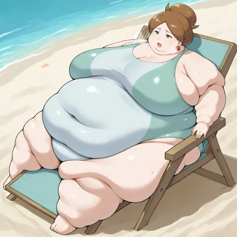 1girl, solo, c-juniper, mature female, green eyes, hair bun, brown hair, earings, swimsuit, beach, fat, chubby, obese,, big breasts open mouth, out of breath, Larger female, full body shot, sitting on chair, reclining back on chair
