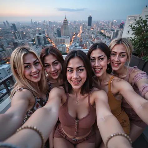 5 woman taking selfie at balcony roof top , background is city vibes