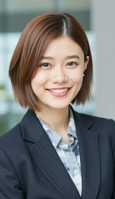 Neat Young Woman、looking at the camera、office lady suit、jacket、shirt、ear piercings、、hairstyle short bob、 pale brown hair、smile showing teeth、、face close-up、The background is office