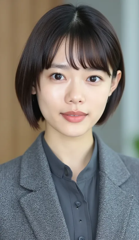 Neat Young Woman、looking at the camera、office lady suit、jacket、shirt、ear piercings、、hairstyle short bob、 、無表情、口を閉じている、、face close-up、The background is office