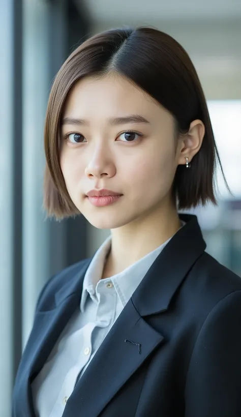 Neat Young Woman、looking at the camera、office lady suit、jacket、shirt、ear piercings、、hairstyle short bob、 、無表情、口を閉じている、、face close-up、The background is office

Video Generation

