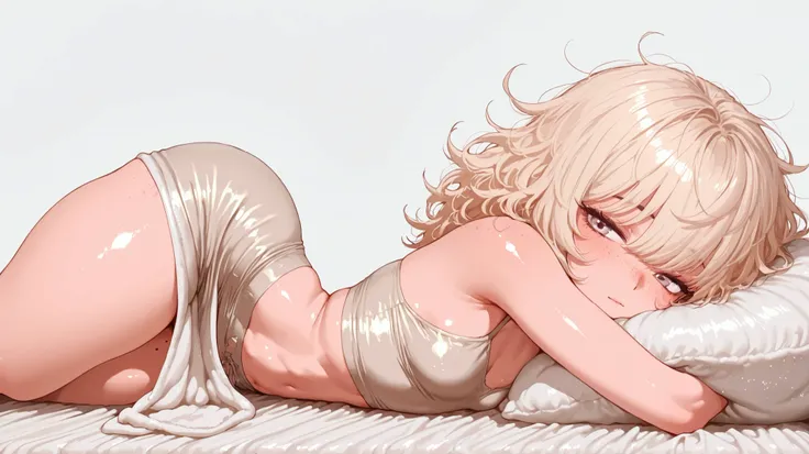 ((bangs cover eyes)), (volumoso hair), messy hair, mole on face, scars inner thigh, freckles, white background, small breasts, simple background, shiny skin,1 girl, (( covered only by a satin blanket)), thick thighs, Midriff, short stack, cute, slim wais...