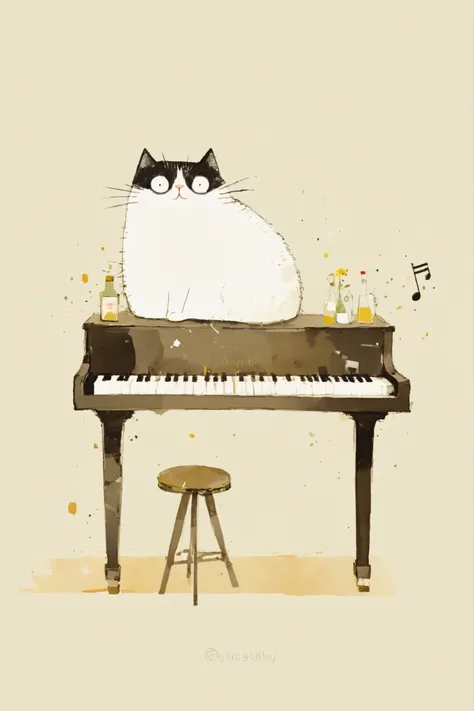 whimsical cat illustration,Piano and cat,Tall, it is a slender cat with an elongated body, closed eyes and a faint smile accent,suggests an artistic fusion of form and function,is a minimalist ink painting,has a satisfied expression with its head facing sl...