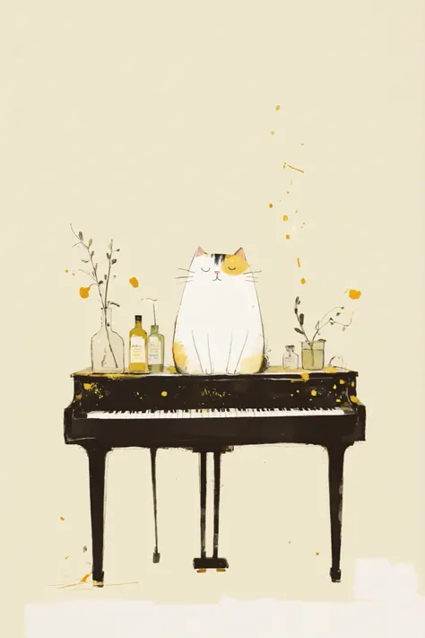 whimsical cat illustration,Piano and cat,Tall, it is a slender cat with an elongated body, closed eyes and a faint smile accent,suggests an artistic fusion of form and function,is a minimalist ink painting,has a satisfied expression with its head facing sl...