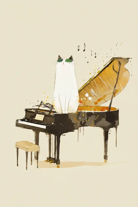 whimsical cat illustration,Piano and cat,Tall, it is a slender cat with an elongated body, closed eyes and a faint smile accent,suggests an artistic fusion of form and function,is a minimalist ink painting,has a satisfied expression with its head facing sl...