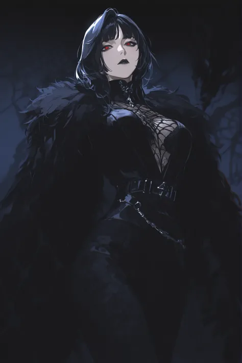 best quality, masterpiece, 1girl, black_hair, dynamic angle, short_hair, cut_bangs, neutral expression, evil, mature face, dark fantasy, {black, evil, tall lady, splash art},black roses, high_collar, pattern undershirt, black one-piece bodysuit, round ey...