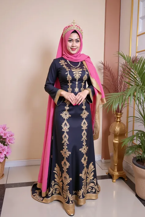 hyper HD, Masterpiece, Textured skin, 4K, Best quality of potrait a Beautiful hijab asian woman white fairy skin wearing dress , close-up half body , perfect hijab, detail veil , hyper realistic scarf and ornate on her side big back head hijab on likely hi...