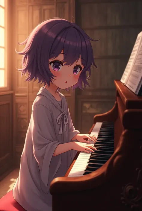 A shy anime girl with short purple hair playing the piano. 
