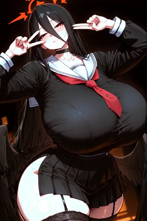 portrait, nsfw, cute girl, hasumi, black hair, hair between eyes, long hair, mole, mole on breast, mole under eye, red eyes, wings, black wings, low wings, feathered wings, black choker, black serafuku, black skirt, black thighhighs, garter straps, long sl...