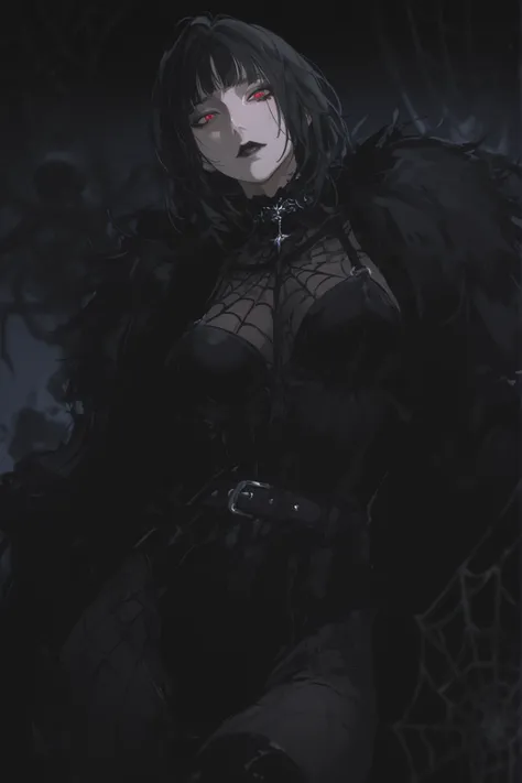 best quality, masterpiece, 1girl, black_hair, dynamic angle, short_hair, cut_bangs, straight_hair, neutral expression, evil, mature face, dark fantasy, {black, evil, tall lady, splash art},black roses, high_collar, spiderweb pattern undershirt, black one...